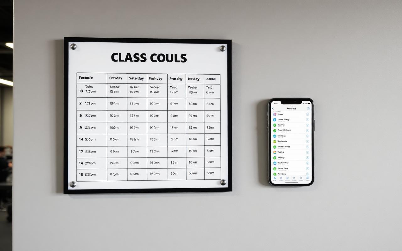Class timetable displayed on a screen inside a busy gym reception area.