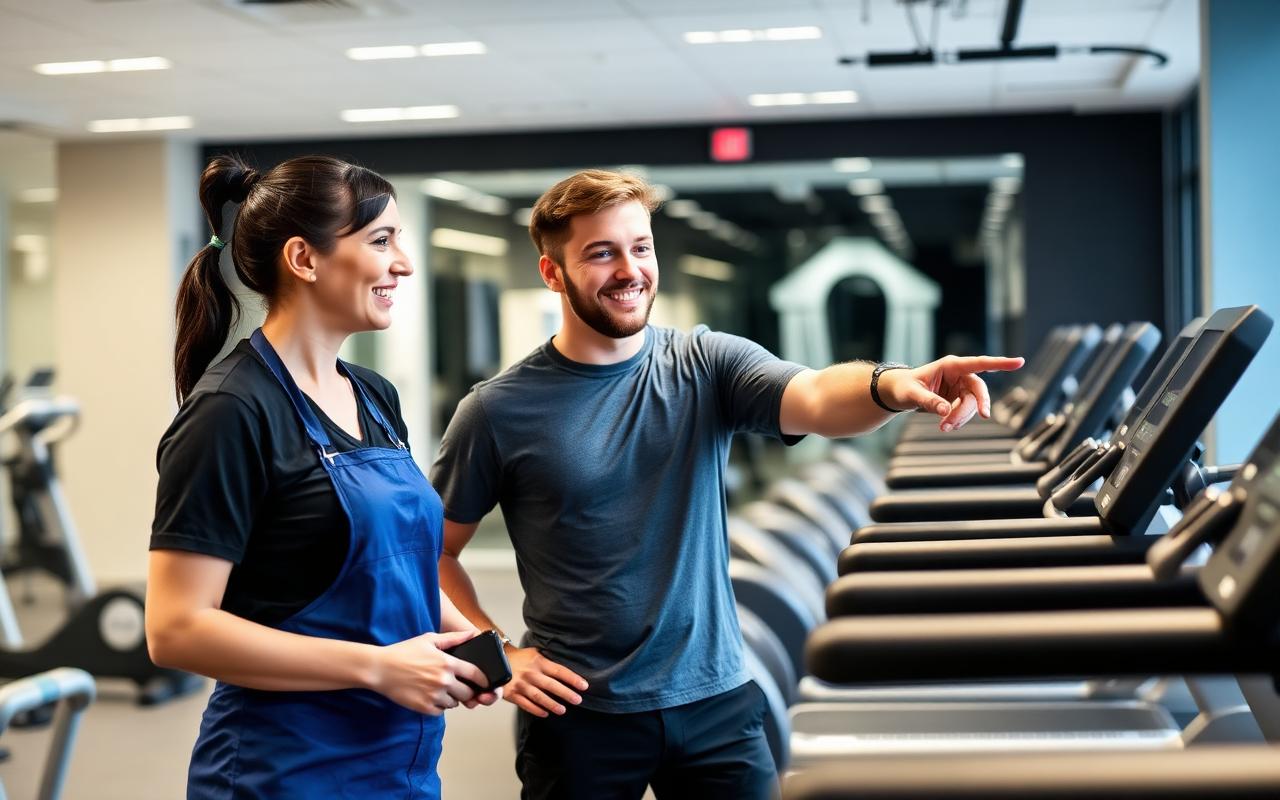 Gym manager showing a prospective member around the facilities during a tour.