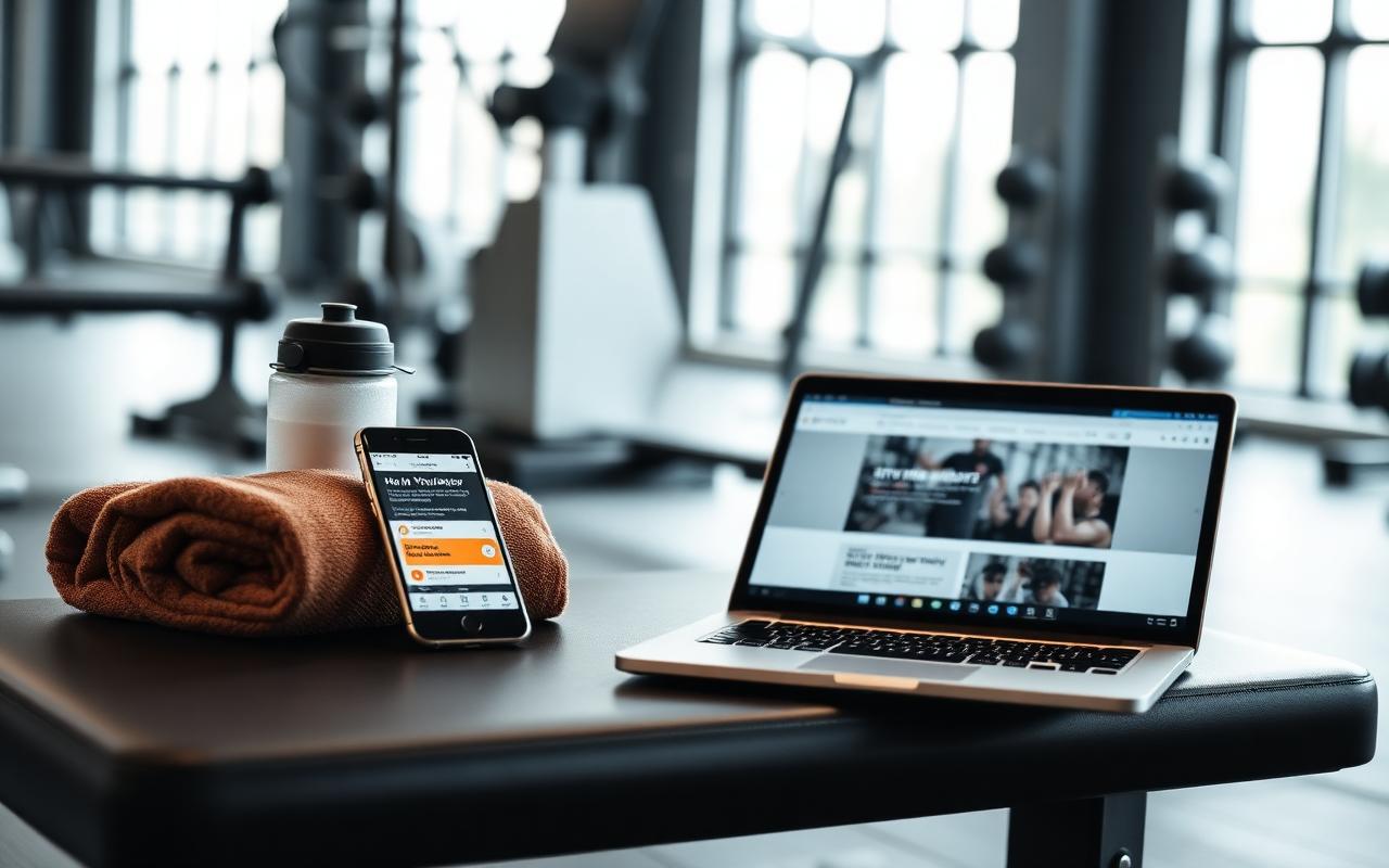 A gym website shown on a phone, tablet and laptop side by side.