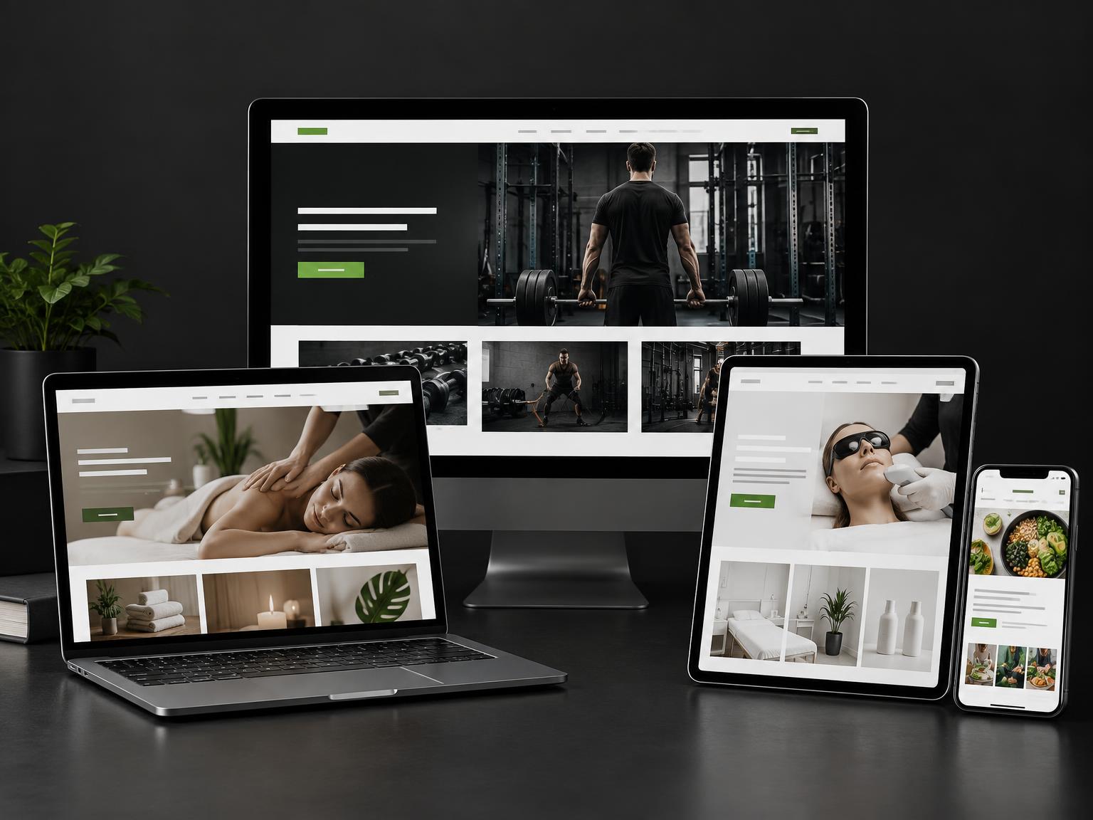 Four professional health, beauty, fitness and wellness websites shown on desktop, laptop, tablet and mobile devices