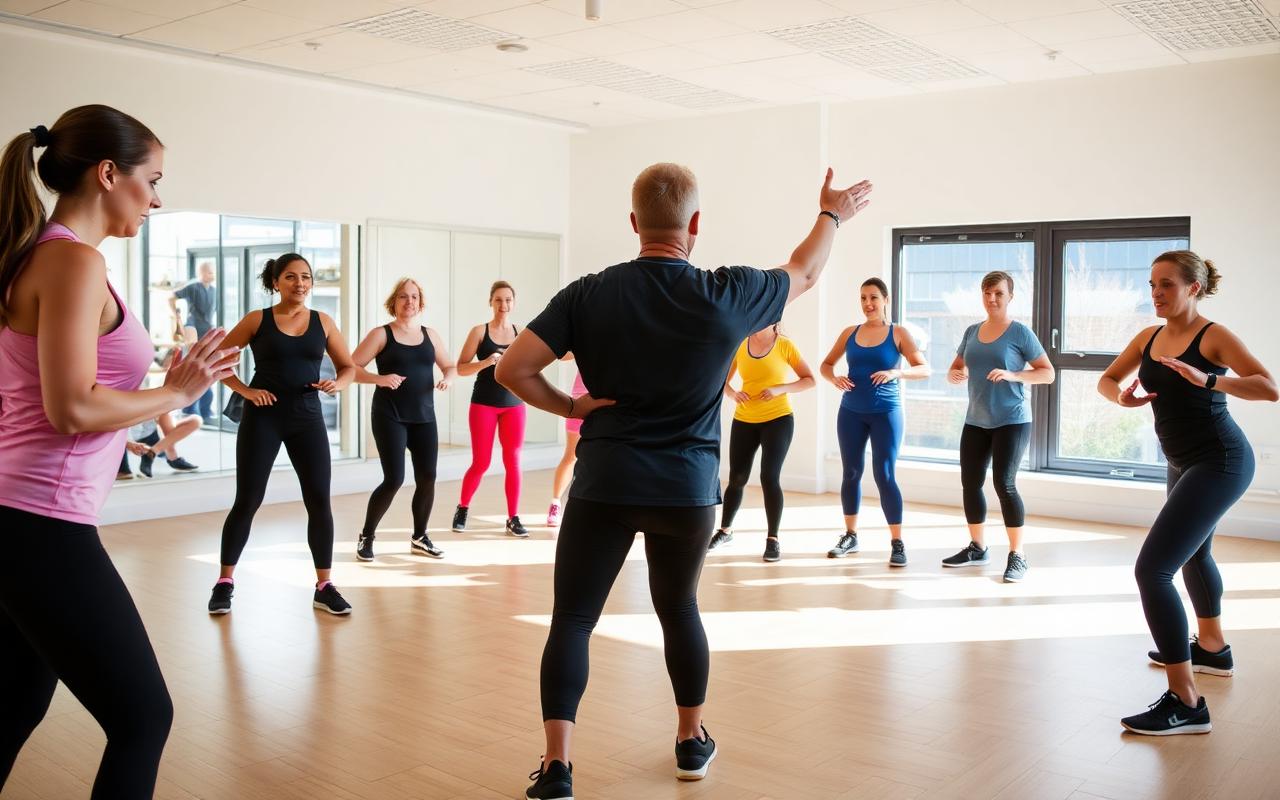 Instructor leading a mixed-ability group fitness class in a bright UK studio with wooden flooring.