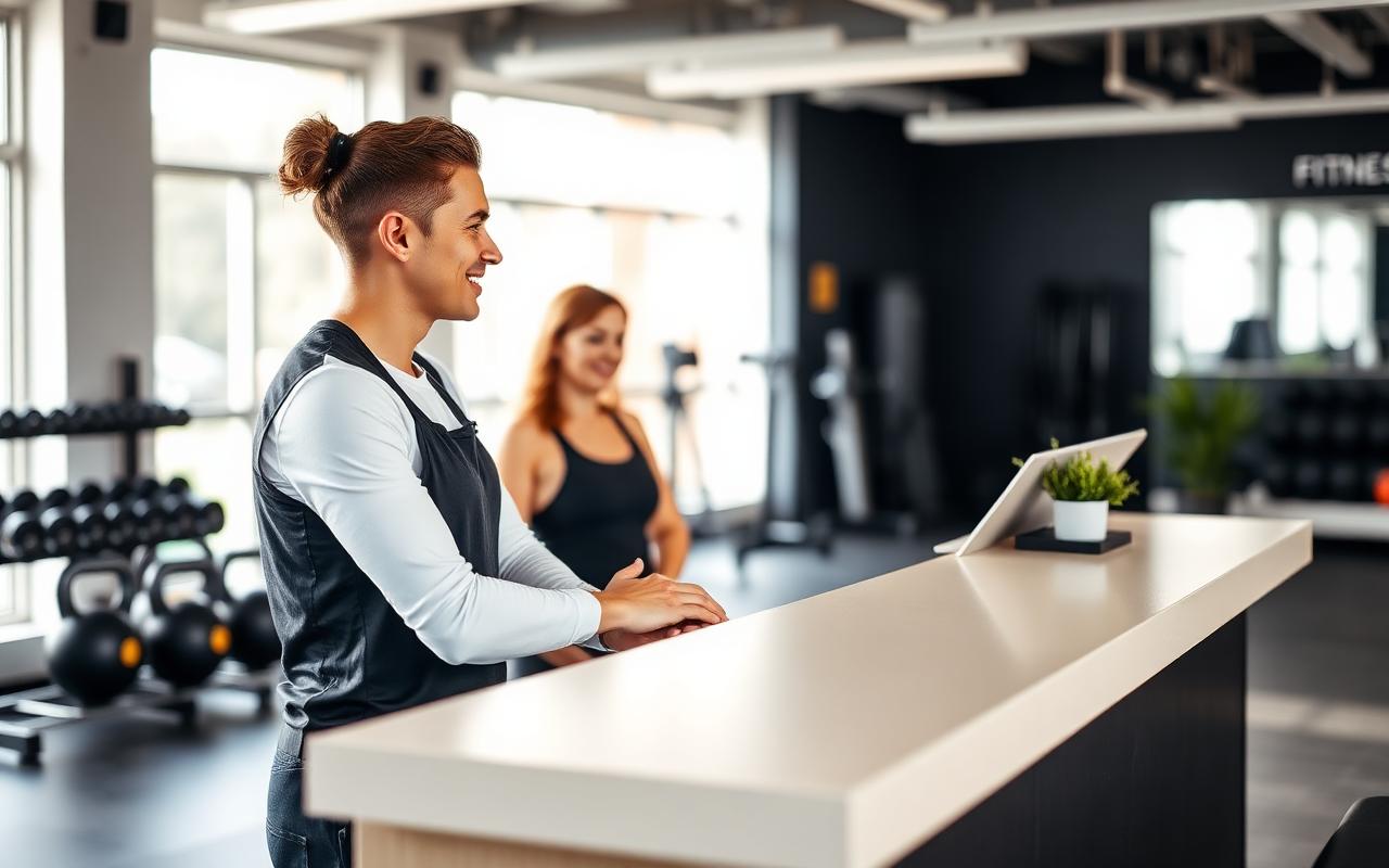 Staff member welcoming a new member at the reception desk of a bright UK fitness studio.