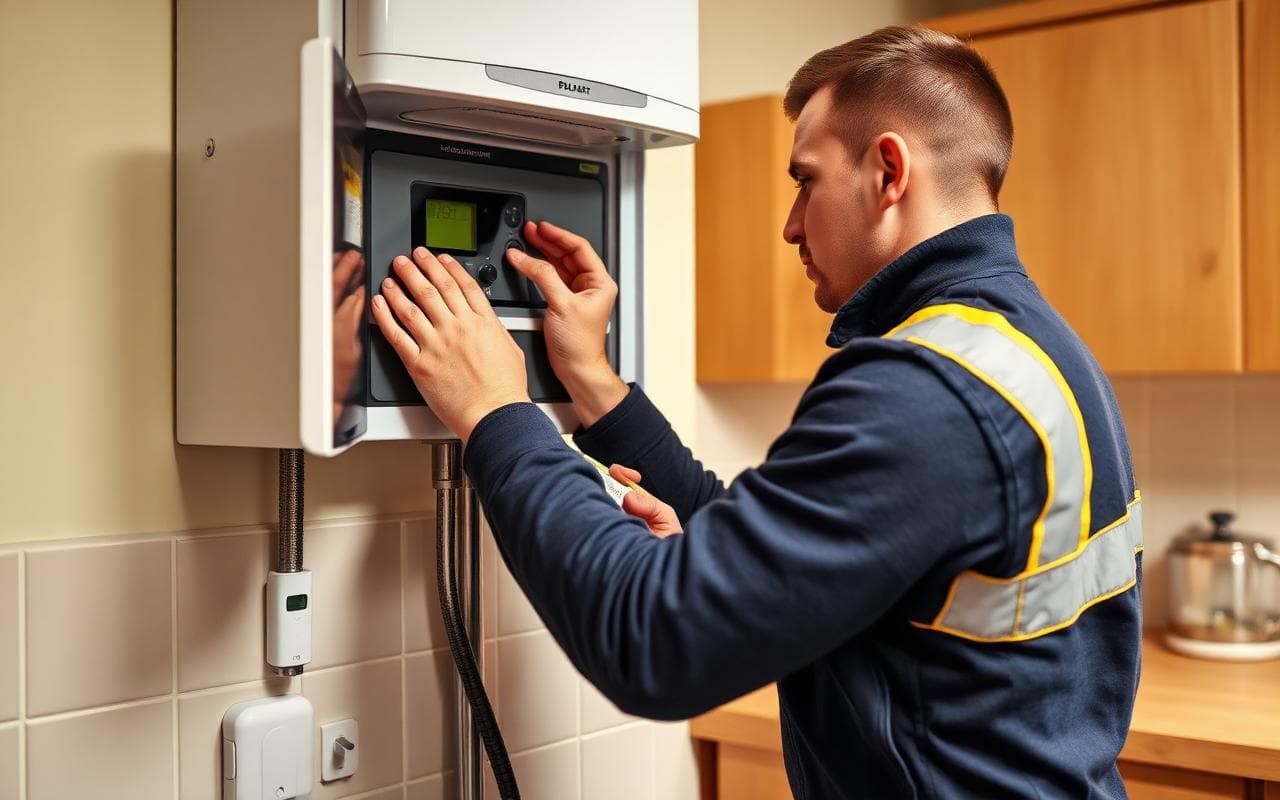 Gas Safe registered UK heating engineer servicing a wall-mounted combi boiler in a British kitchen.