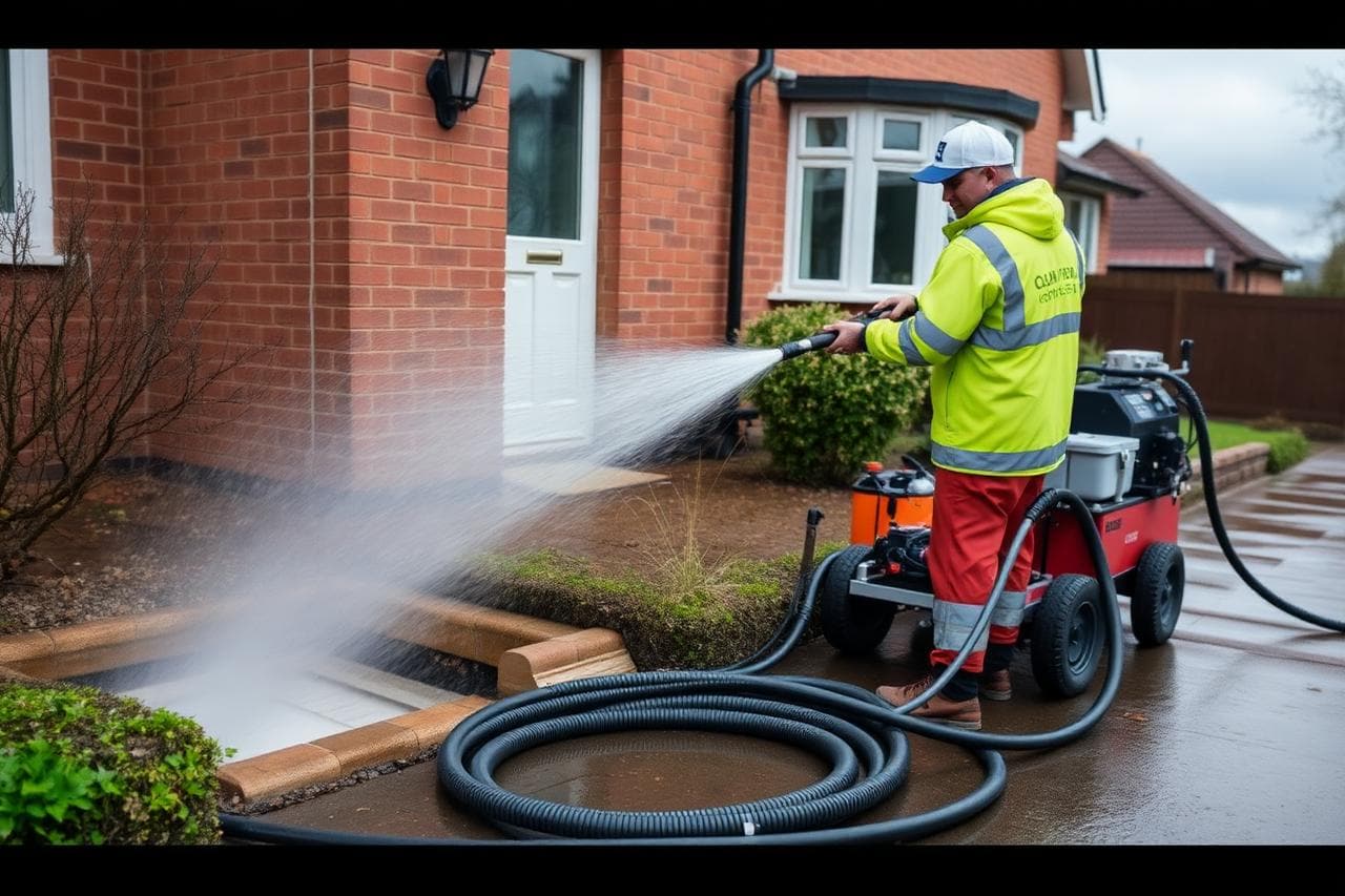 High pressure water jetting hose feeding into a drain outside a UK home while an engineer operates the jetting unit.