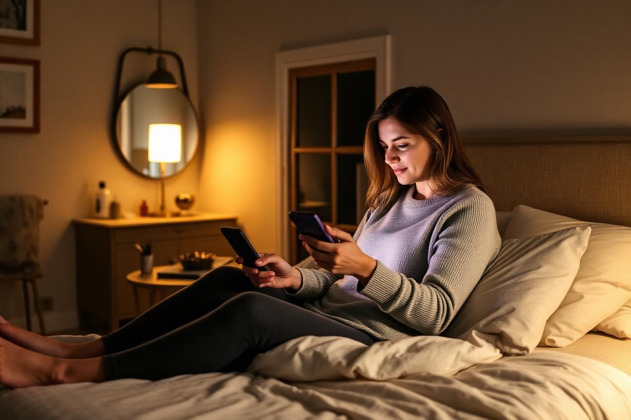 Homeowner sitting up in bed at night browsing bathroom ideas and local bathroom fitters on a smartphone under warm lamp light.