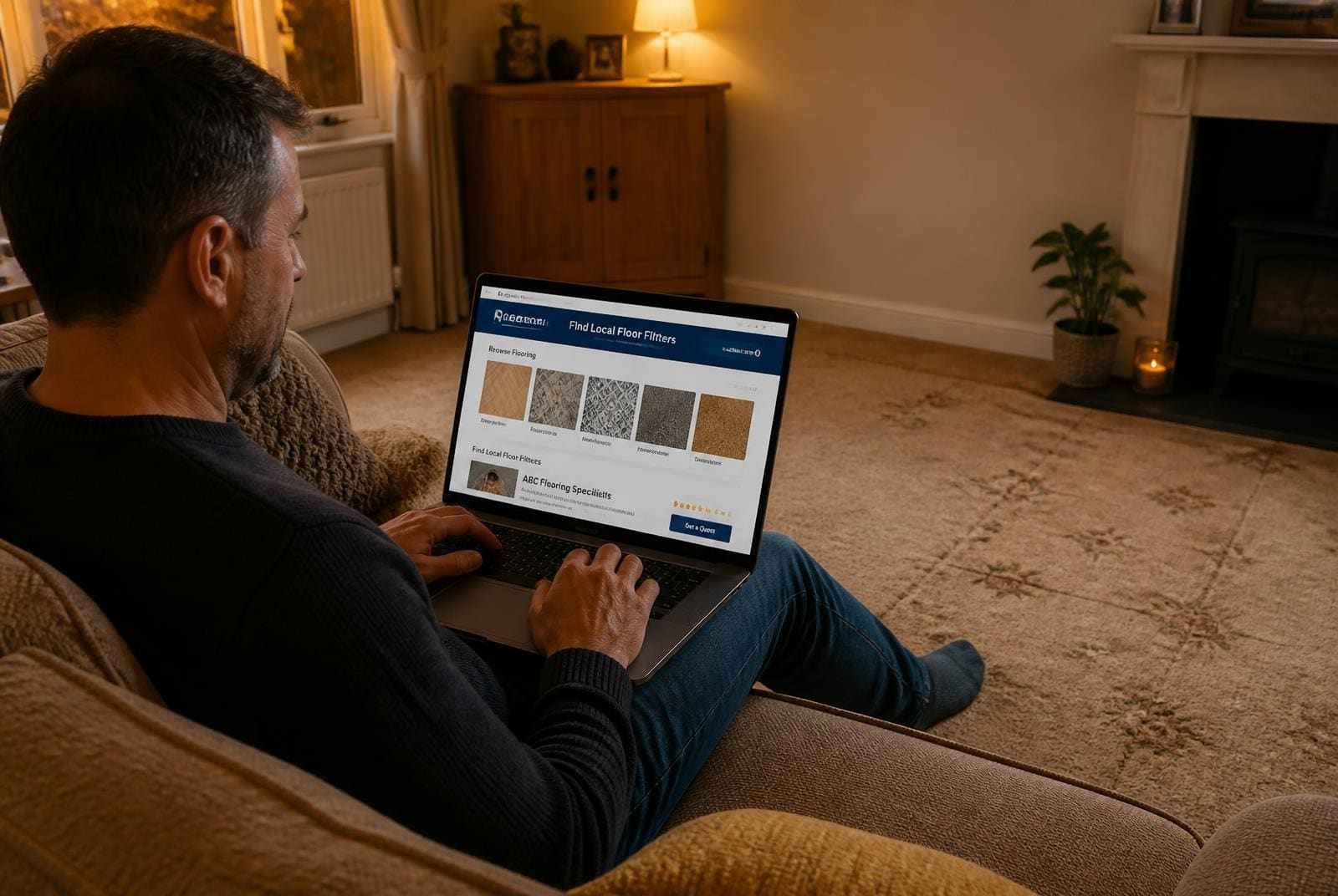 Homeowner sitting on a sofa in the evening comparing local flooring companies and floor types on a laptop, with worn carpet on the floor.