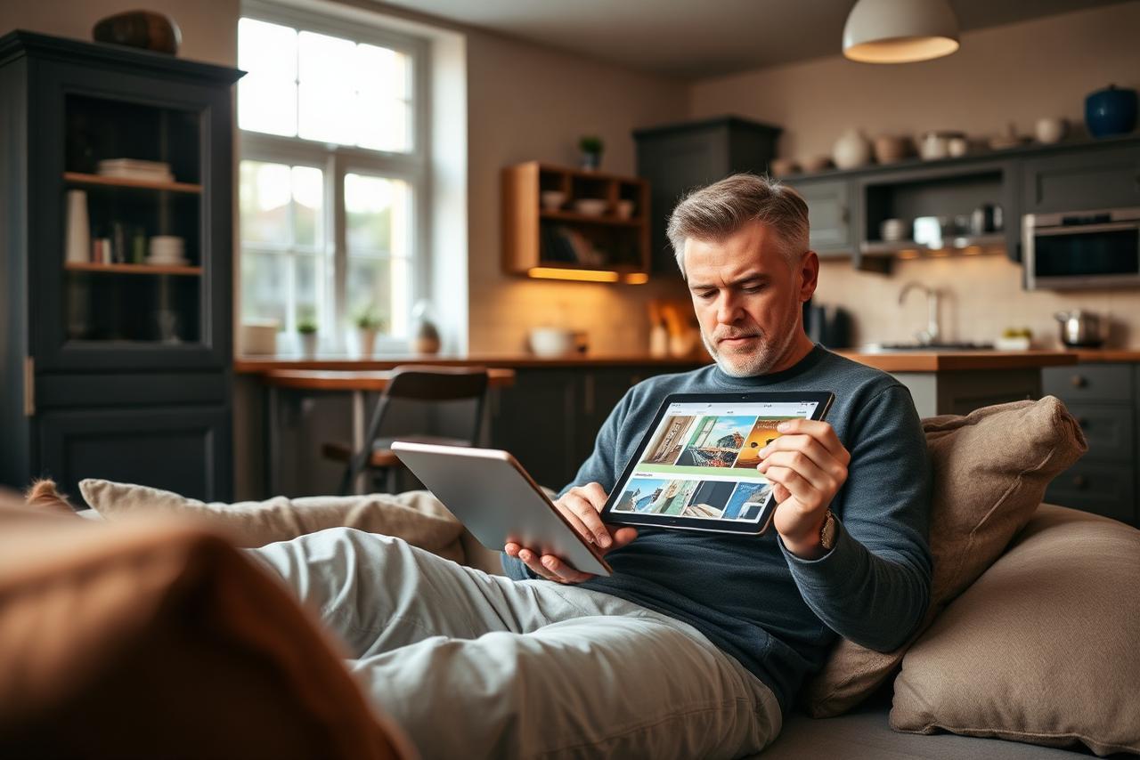 Homeowner sitting on a sofa browsing kitchen ideas on a tablet with a tired dated kitchen visible in the background of the room.