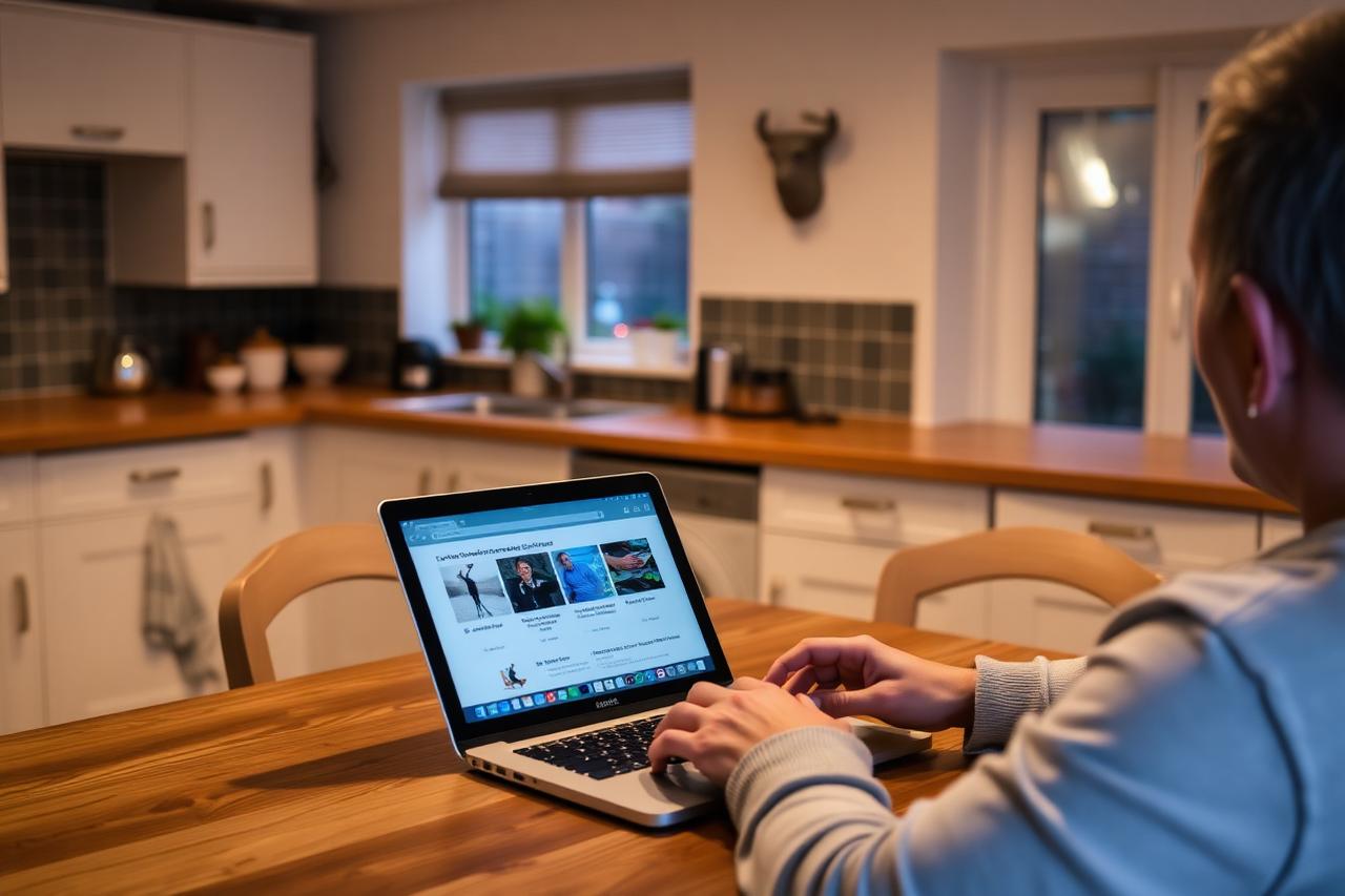Person sitting at a kitchen table in the evening comparing local cleaning companies on a laptop.