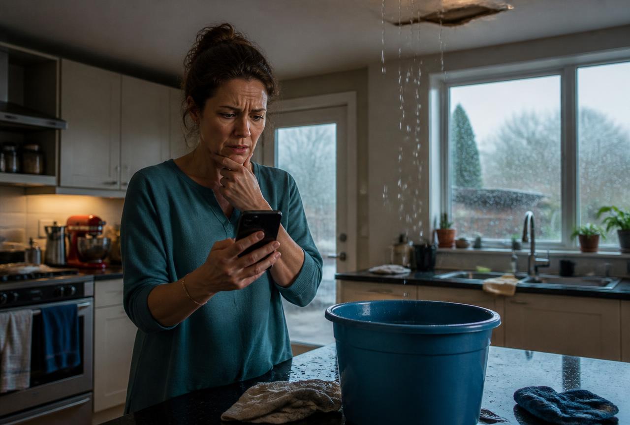 Homeowner in a kitchen with a bucket catching water from a leaking ceiling while searching for an emergency roofer on a smartphone.