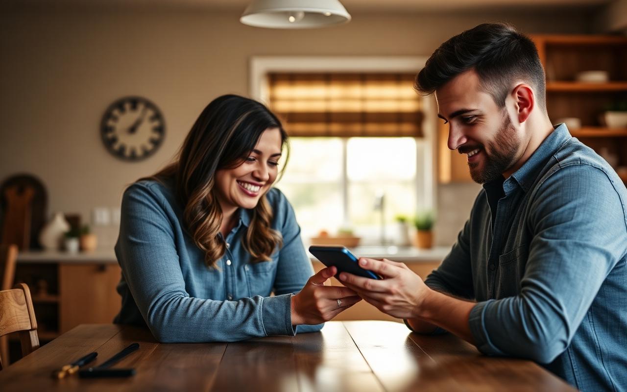 Homeowners searching for a local builder on a smartphone at their kitchen table.