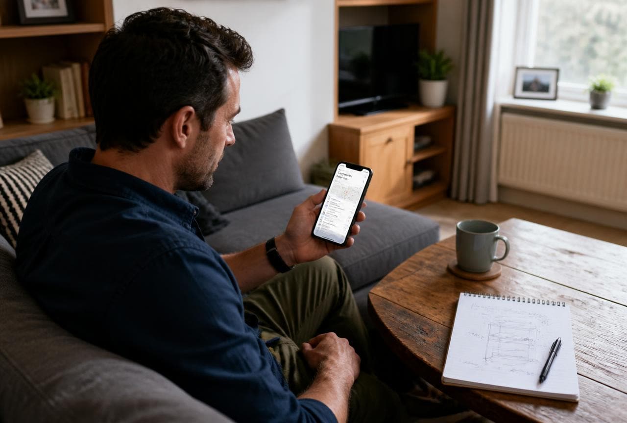 Homeowner on a sofa searching for a local carpenter on a smartphone with a notepad of sketched shelving measurements on the table.