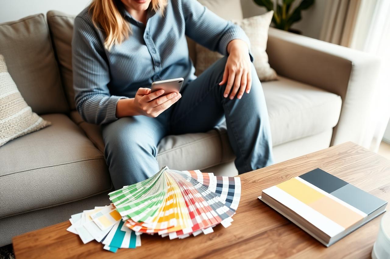 Homeowner searching for a local painter and decorator on a smartphone with paint colour charts on the table.