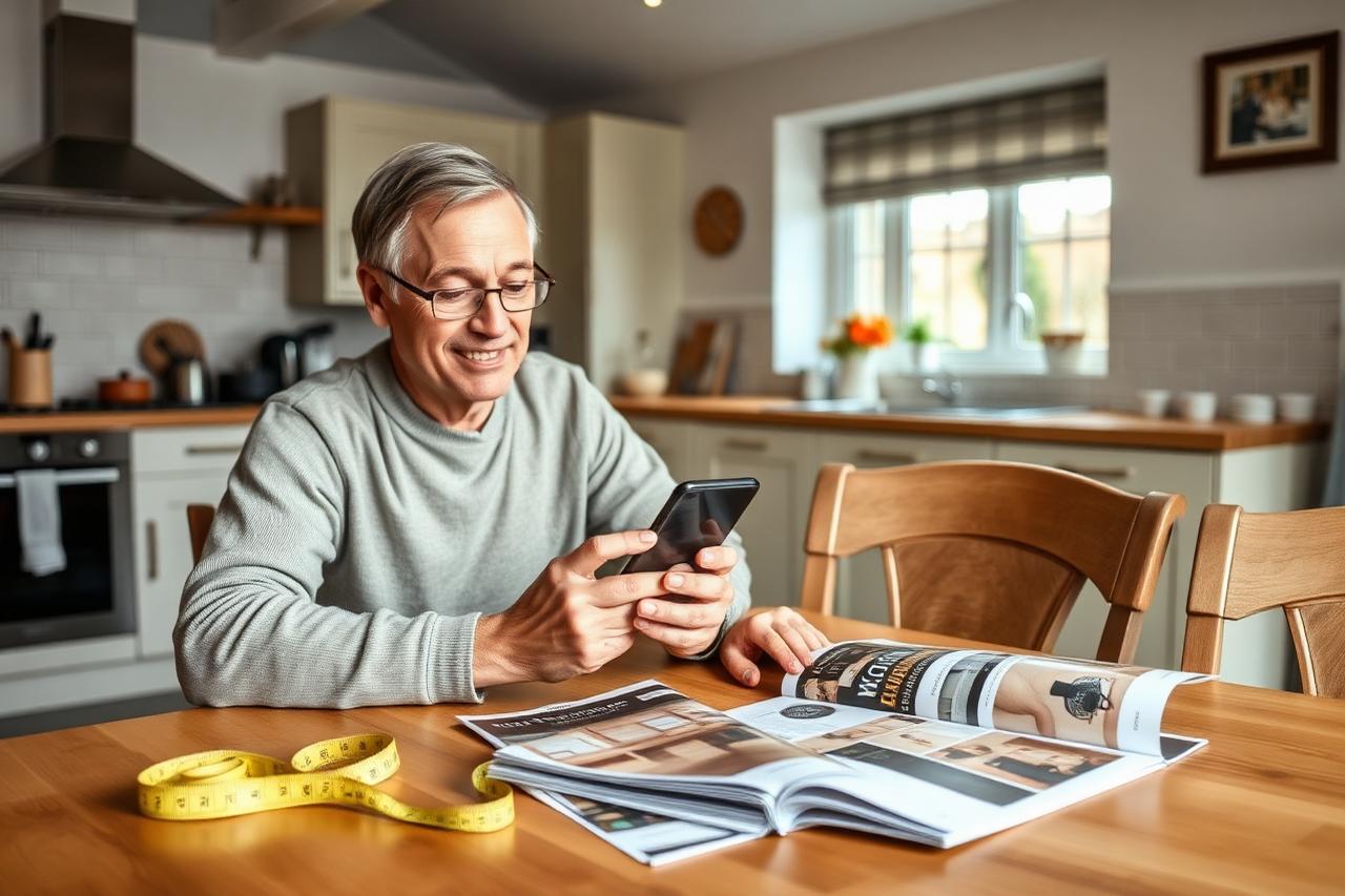 Homeowner at a kitchen table searching for a local joiner on a smartphone with kitchen brochures and a tape measure.