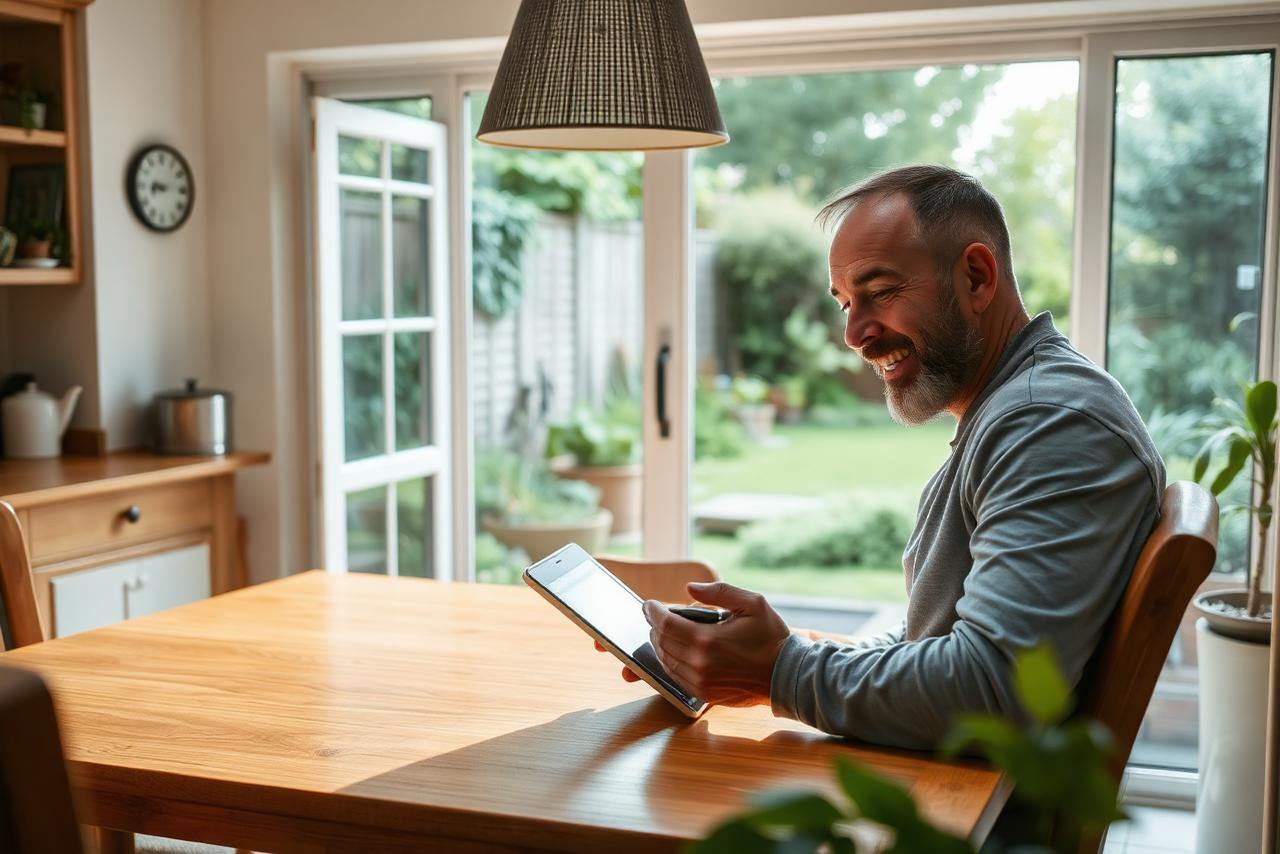 Homeowner at a kitchen table looking at a tablet, searching for a local landscaper, with a tired overgrown back garden visible through the patio doors behind.