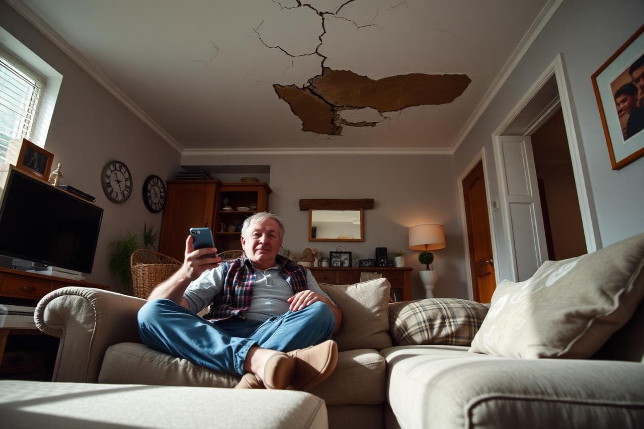 Homeowner sitting on a sofa in a UK living room with a cracked damaged ceiling overhead, searching for a local plasterer on a smartphone.