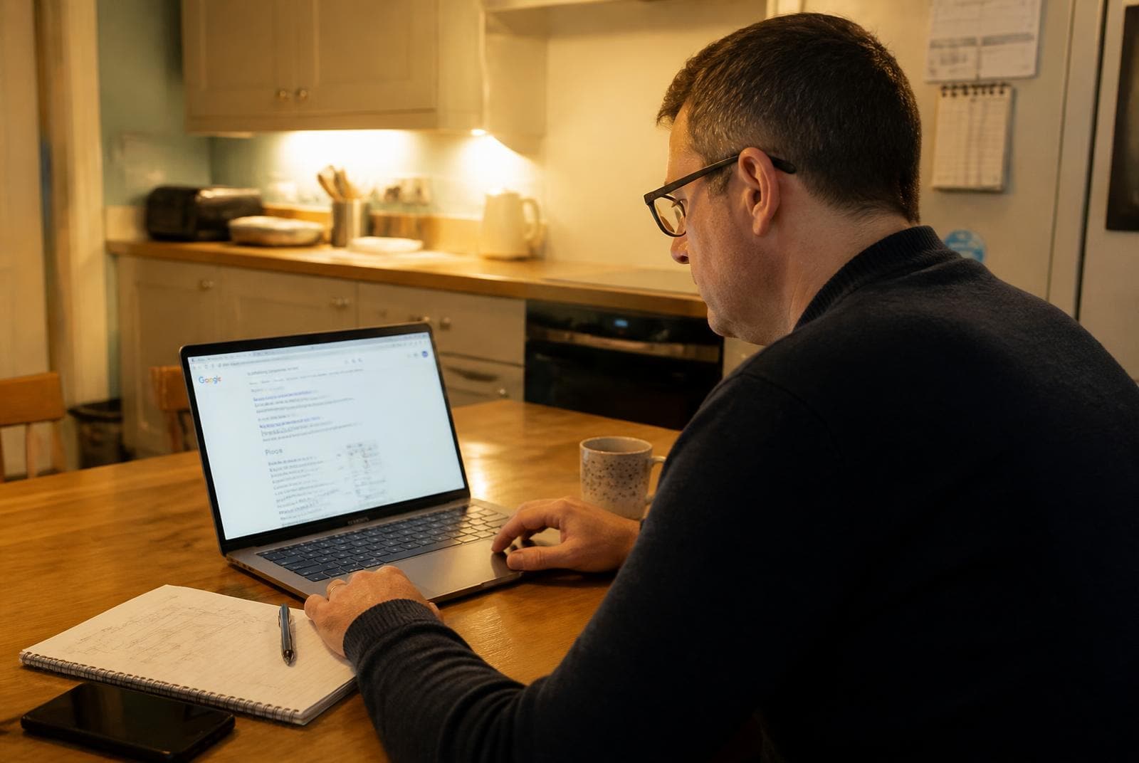 Homeowner at a kitchen table in the evening searching for local scaffolding companies on a laptop with a notepad of measurements beside him.