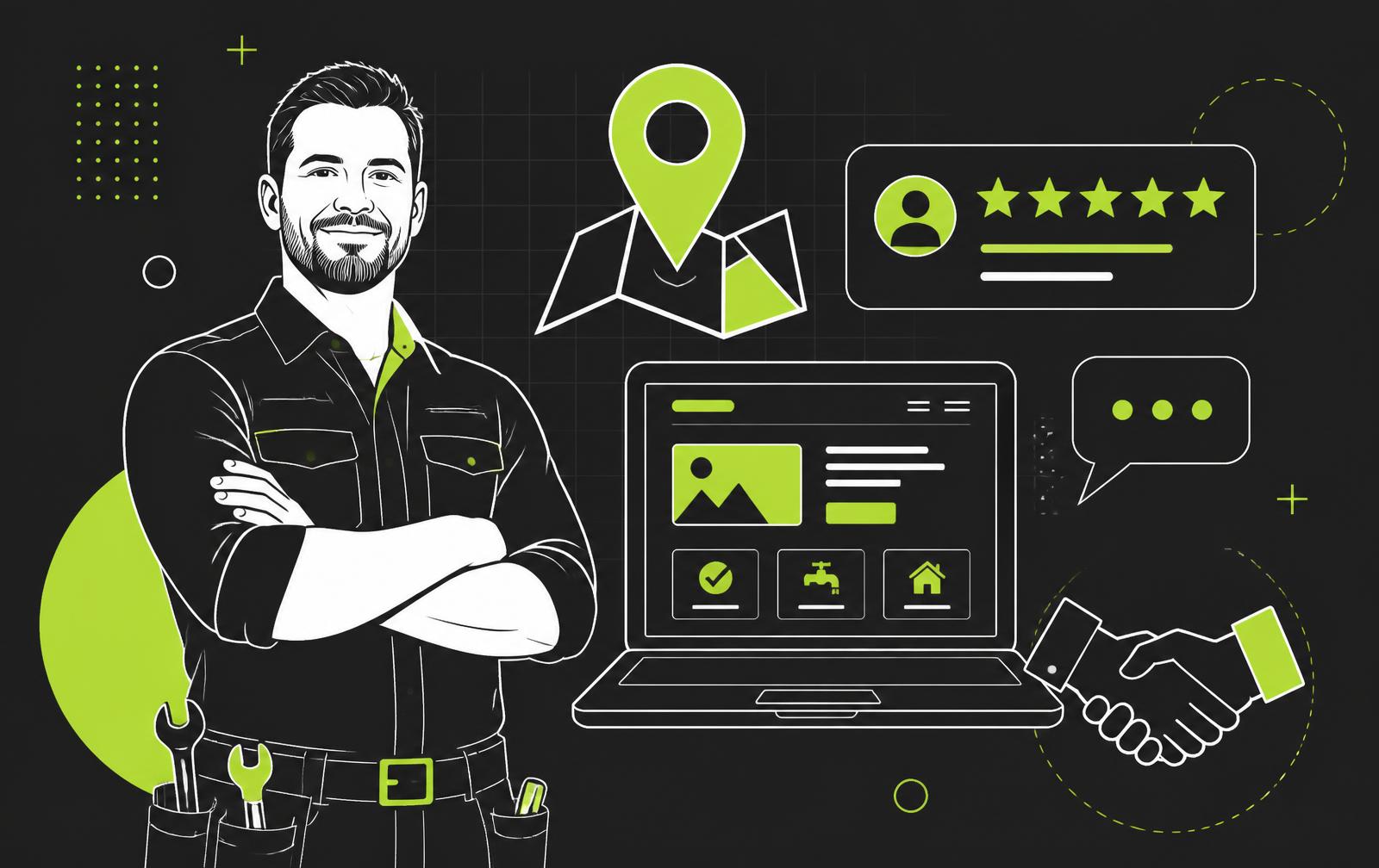 A UK small business owner surrounded by free marketing channels: Google listing, reviews, website and referrals