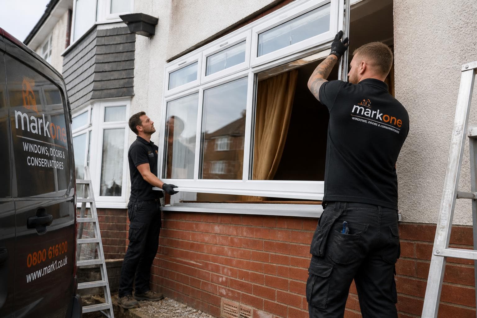 Two installers in branded workwear fitting a large white uPVC window into a UK semi-detached house with a company van parked alongside.