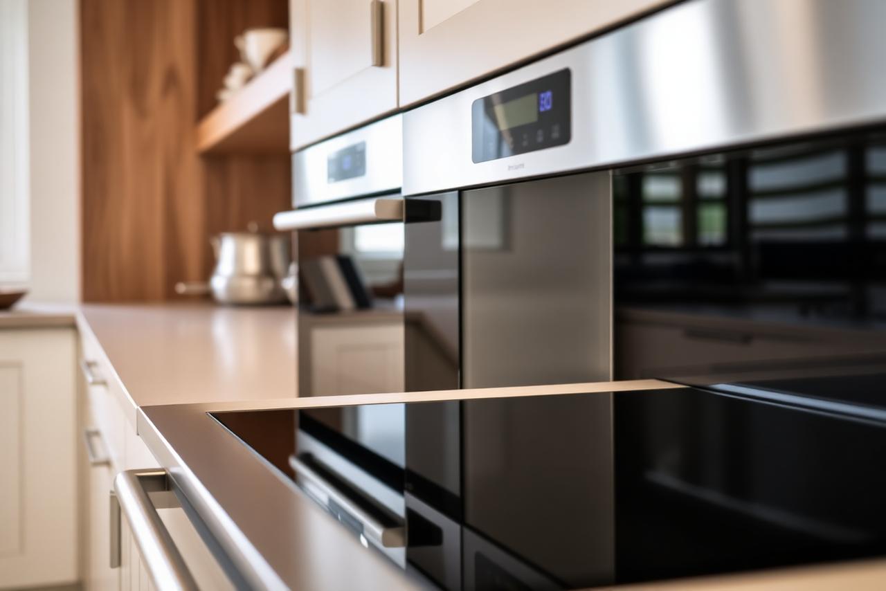 Close-up of integrated kitchen appliances including a built-in oven and induction hob in a stylish UK kitchen.