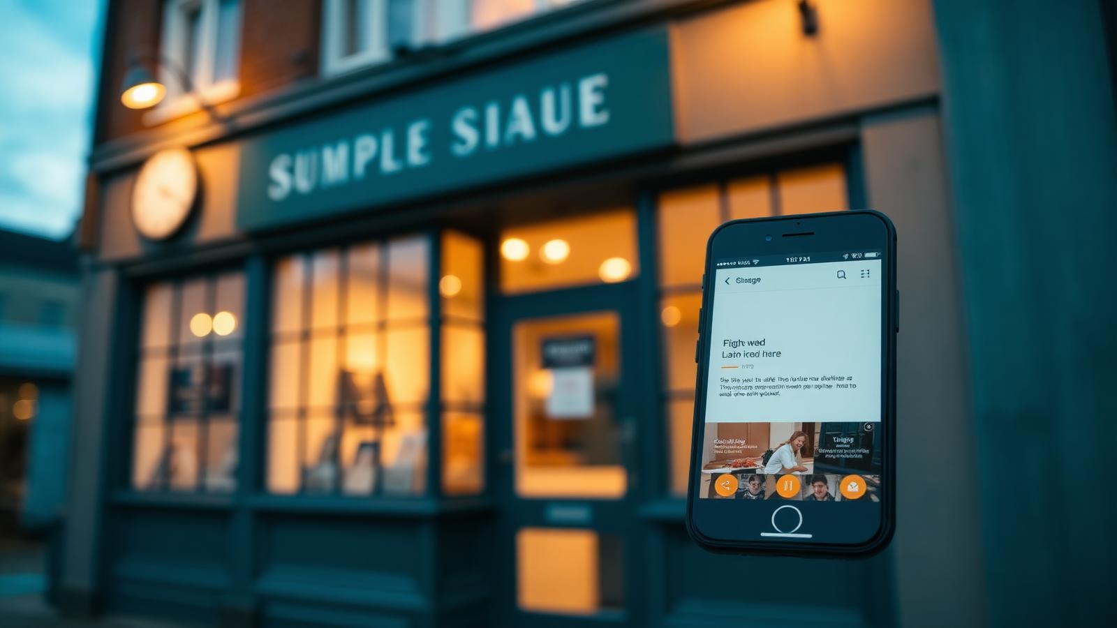 Small UK shopfront at dusk with a smartphone in the foreground showing a modern website