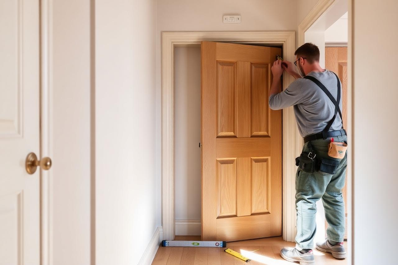 Joiner chiselling a hinge recess while hanging a solid oak internal door in a UK hallway with a spirit level on the floor.