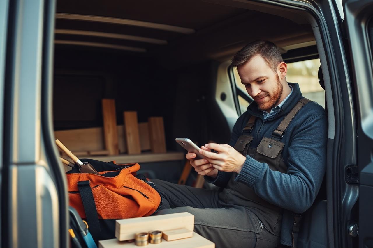 Joiner sitting in his van at the end of the day reading new website enquiries on a phone with timber offcuts and tool bags behind.