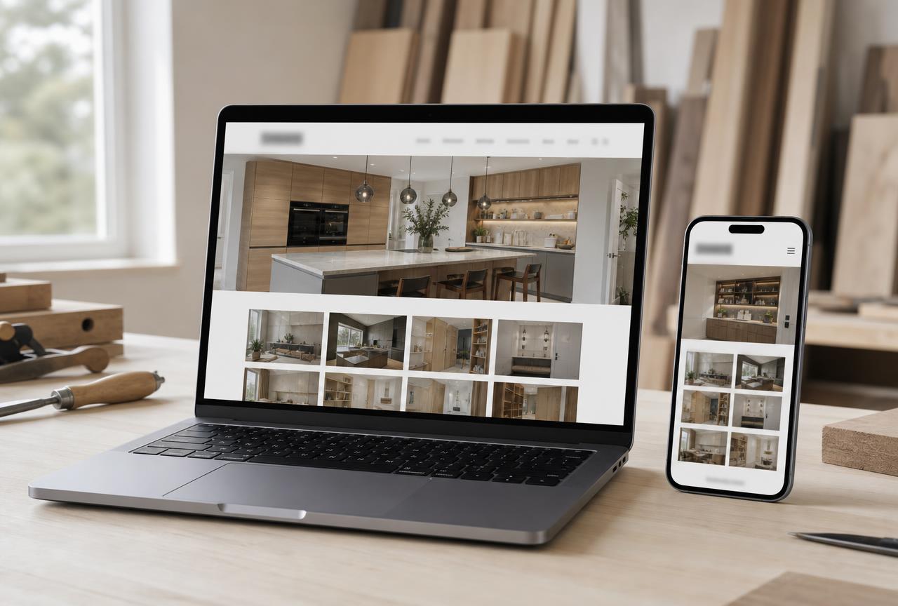 Joinery company website shown on a laptop and phone on a workbench, displaying a fitted kitchen hero image and project thumbnails.