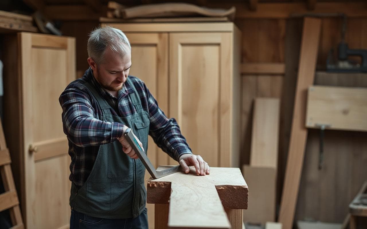 UK joiner measuring and cutting timber for a fitted wardrobe in a workshop.