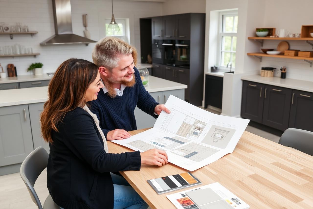 Kitchen designer showing a couple a kitchen plan at a showroom table with door samples and worktop swatches laid out.