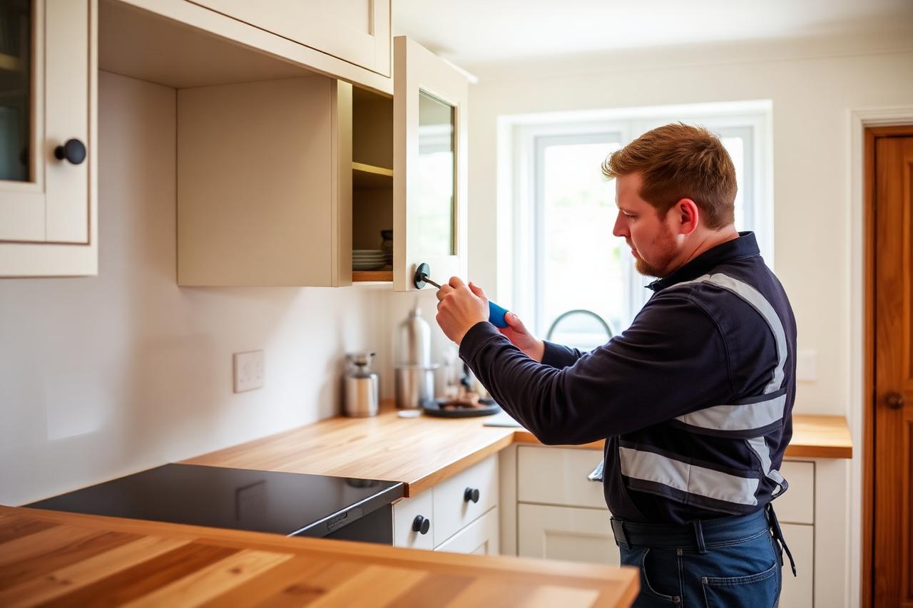 Kitchen fitter adjusting a bespoke shaker-style wall cabinet door during a UK kitchen installation with timber worktops.