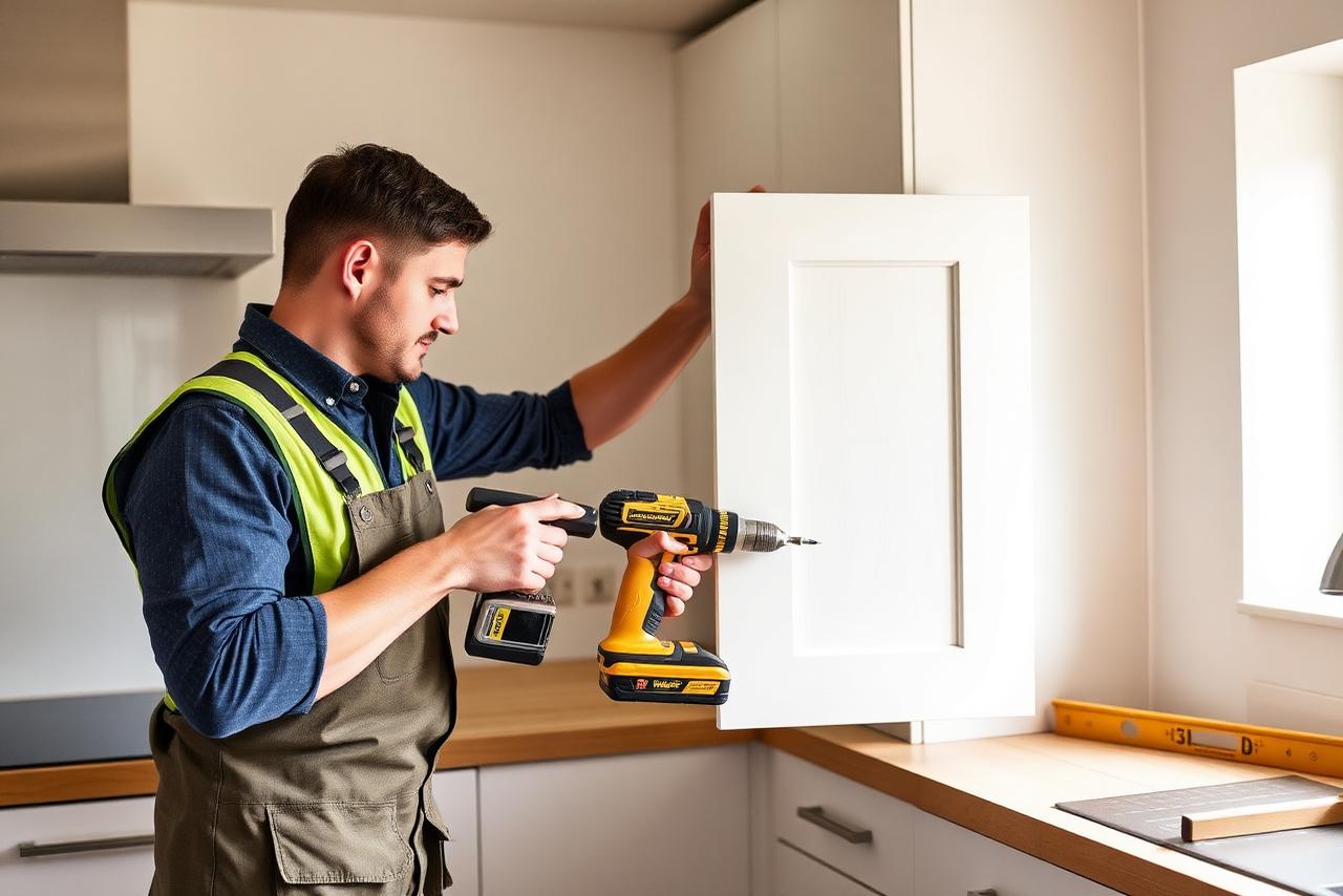 UK kitchen fitter in workwear holding a shaker cabinet door against wall units while installing a new kitchen, cordless drill and spirit level to hand.