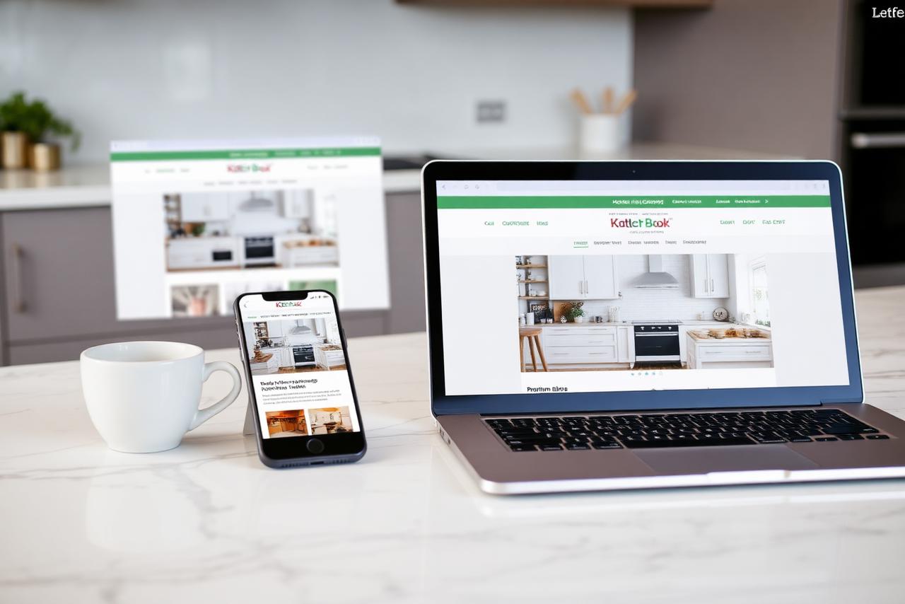 Kitchen company website displayed on a smartphone and a laptop resting on a marble kitchen worktop beside a coffee cup.