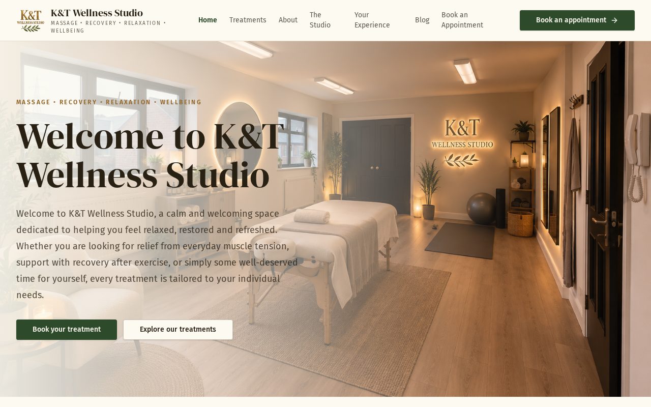 K&T Wellness Studio website designed by Gee Web Design.