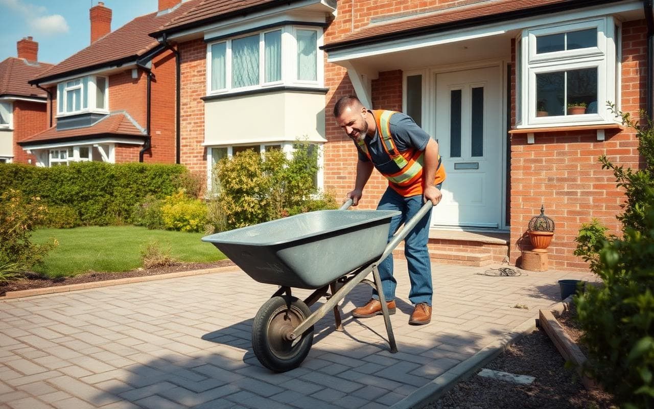 UK landscaper laying block paving on a driveway outside a British suburban house with a wheelbarrow beside him.