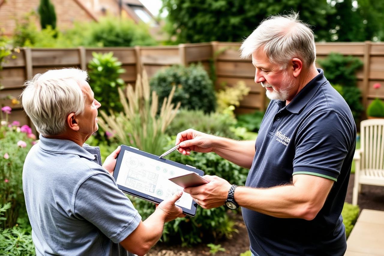 Landscaping company owner in a branded polo shirt showing a homeowner a garden design plan on a tablet while standing in a back garden.