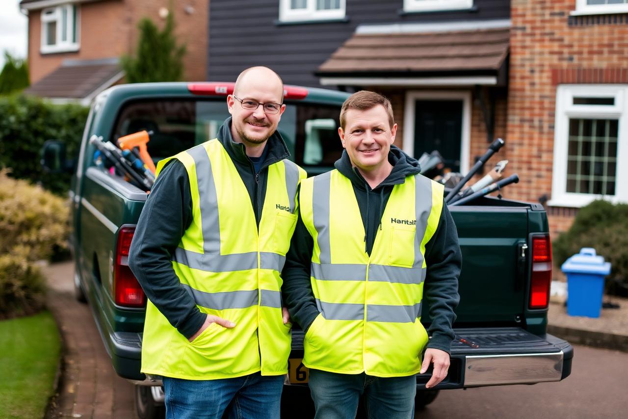 Two landscapers in high-visibility workwear standing beside a pickup truck loaded with tools outside a suburban UK house.