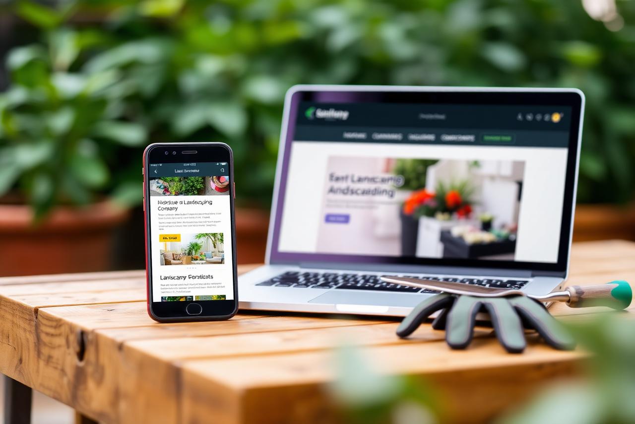 Landscaping company website shown on a smartphone and a laptop resting on a wooden garden table beside gardening gloves and a trowel.