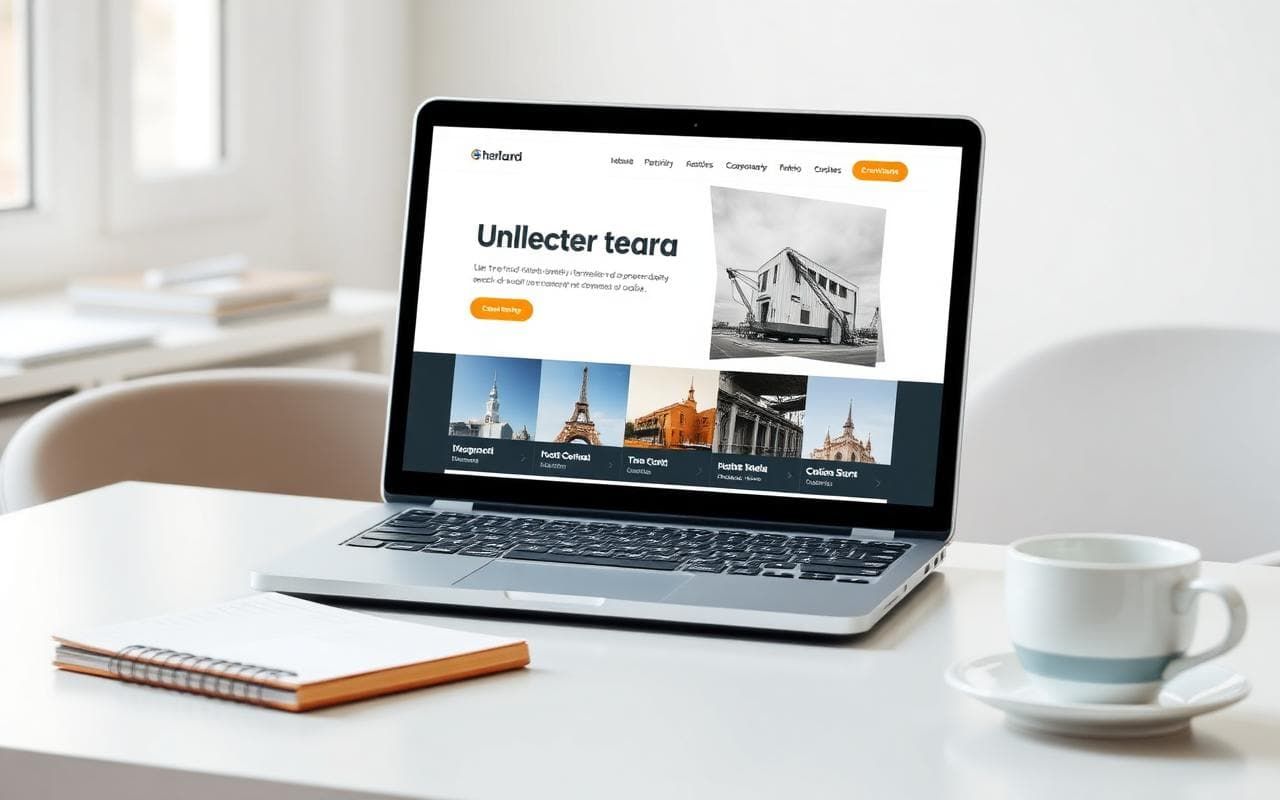 Laptop on a desk showing a modern trade company website with a portfolio gallery of completed jobs.
