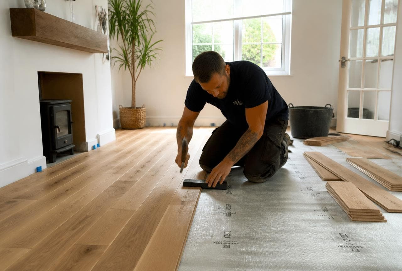 Carpenter tapping engineered oak flooring boards into place over underlay in a bright UK living room.
