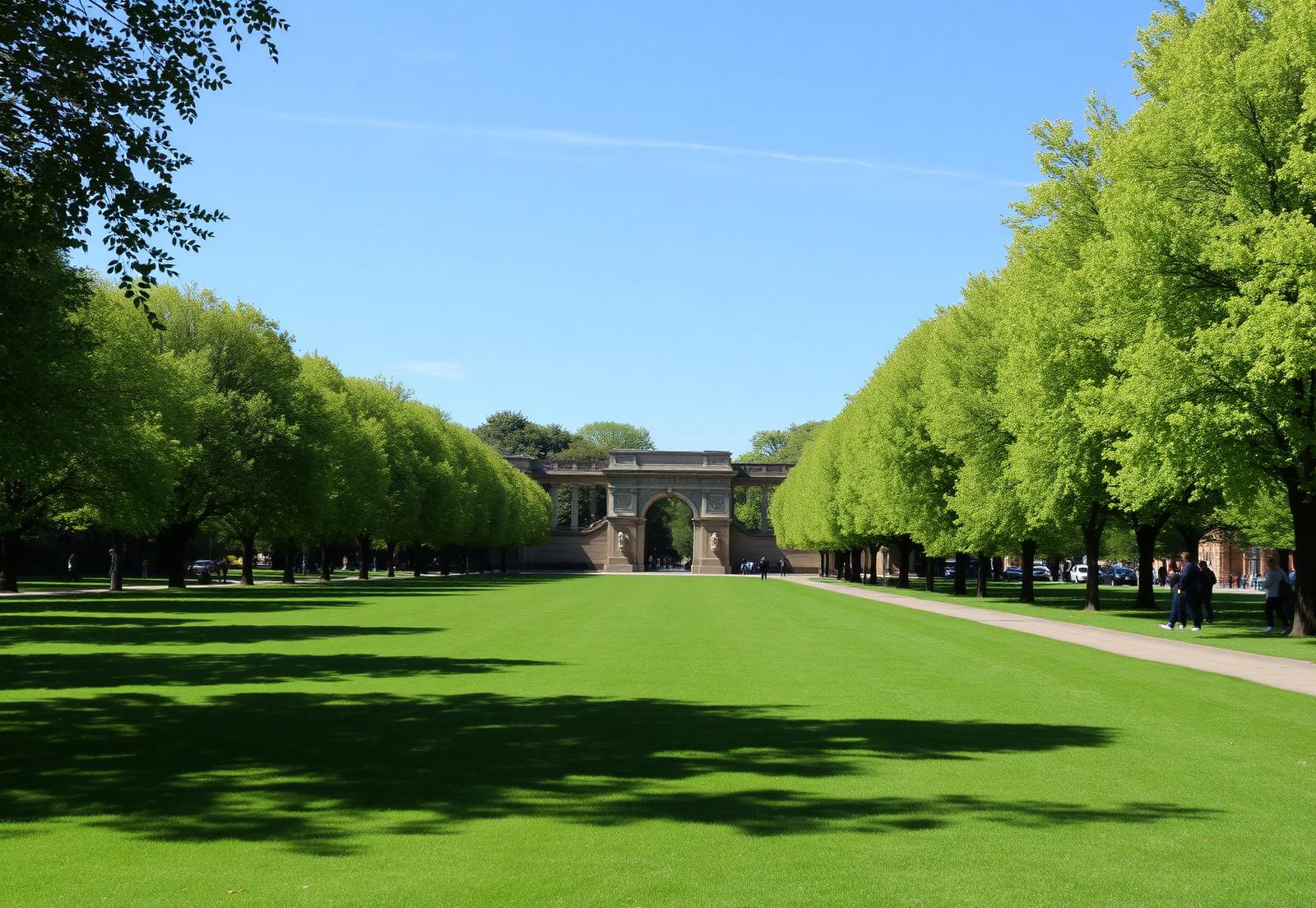 Tree-lined parkland in Leicester on a sunny day