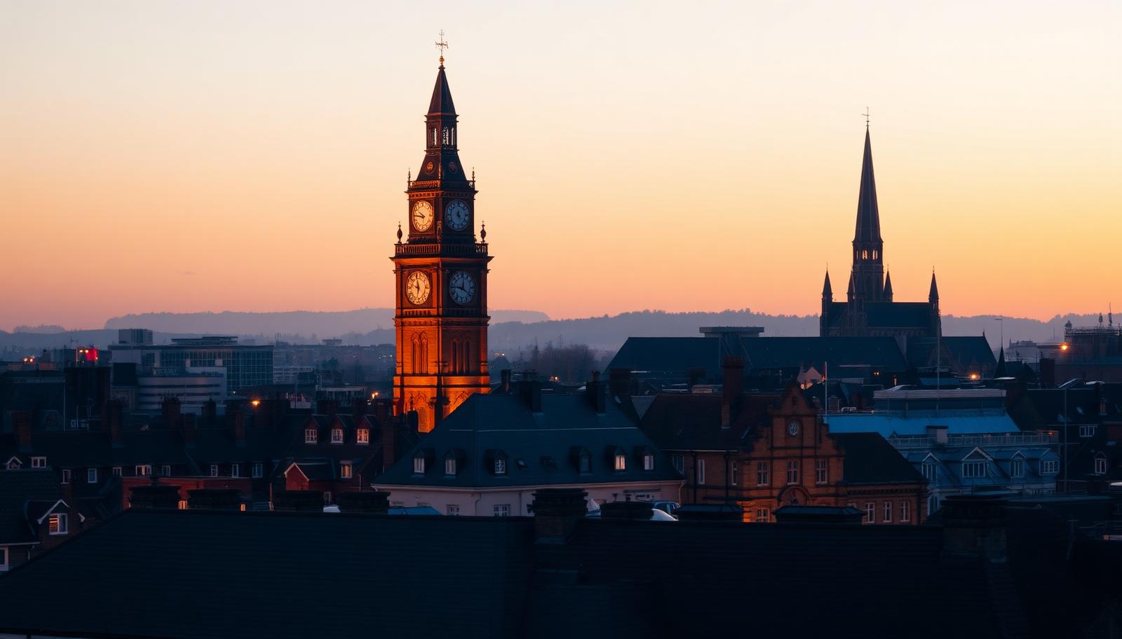 Leicester clock tower and city rooftops at golden hour