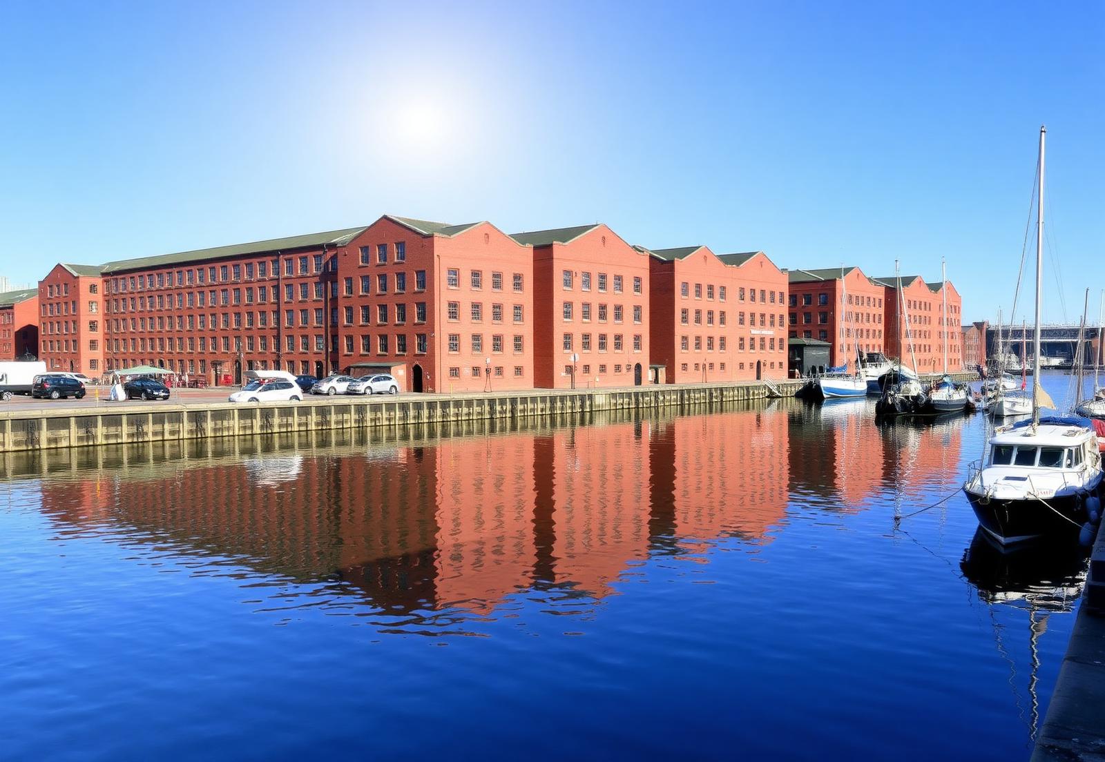 Red brick warehouses and moored boats at Liverpool's Albert Dock