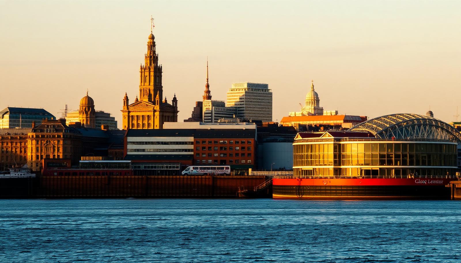 Liverpool waterfront skyline at golden hour with the Royal Liver Building