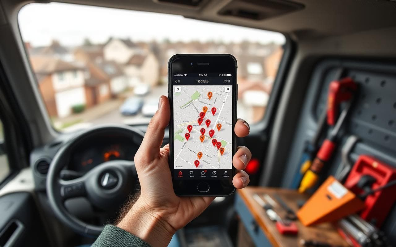 Hand holding a phone showing a map of local business pins across a UK town, photographed inside a work van.