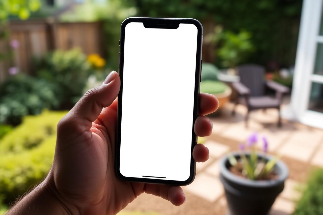 Hand holding a smartphone with a blank bright screen in a landscaped UK back garden, patio and planting softly out of focus behind.