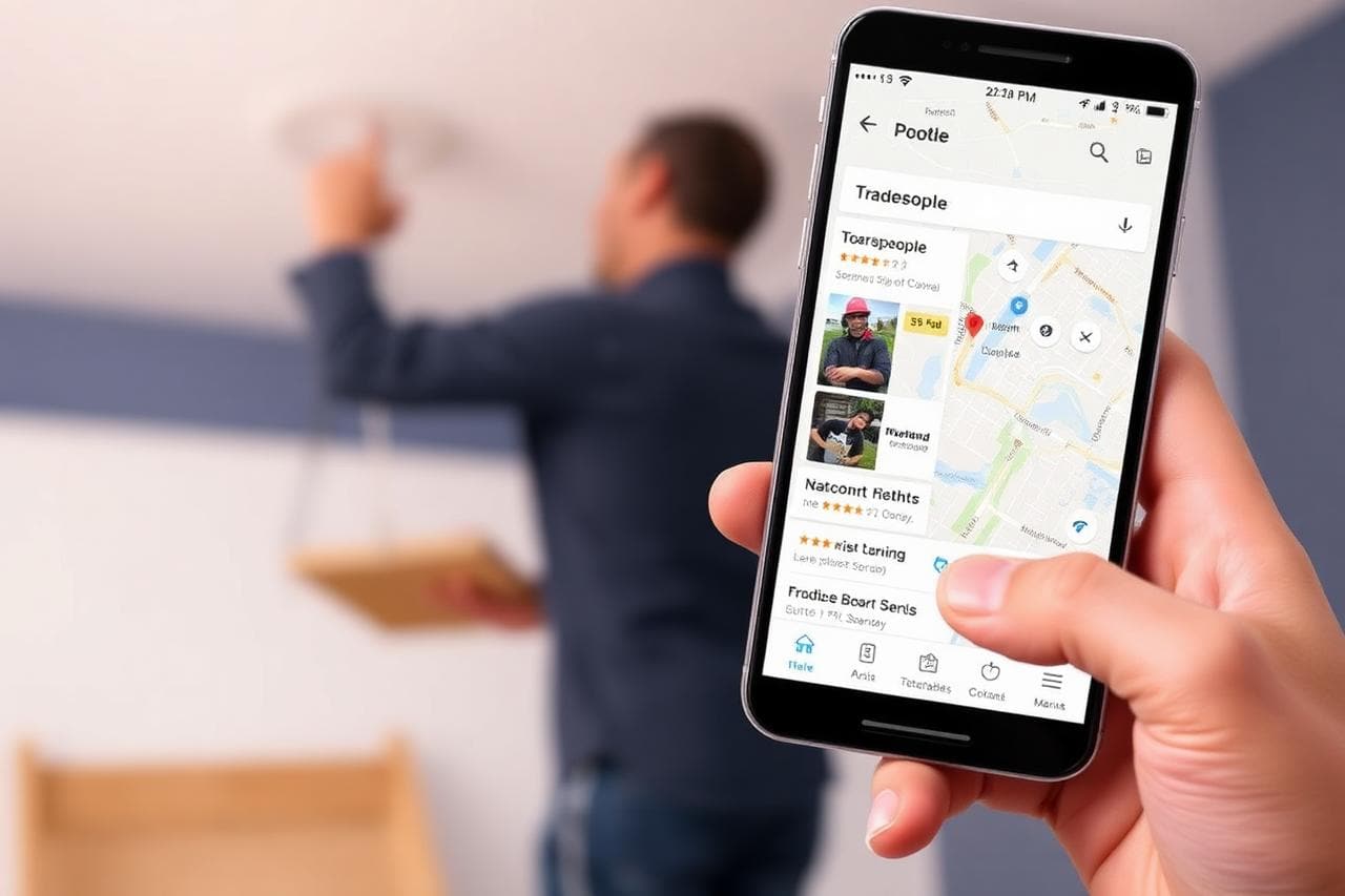 Smartphone showing local map search results for tradespeople with star ratings, with a plasterer working out of focus behind it.