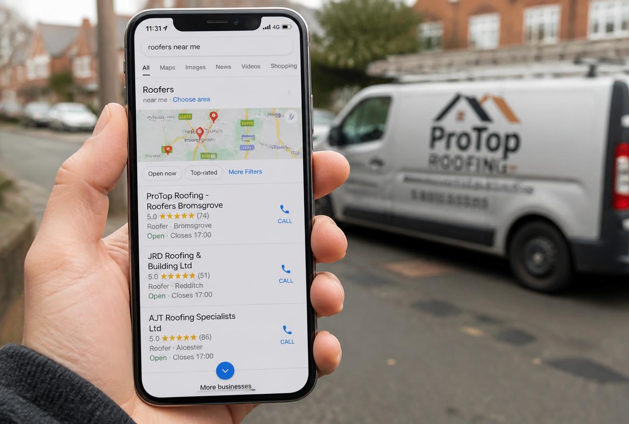 Smartphone showing local map search results for roofers near me with five-star reviews, a roofing van blurred behind.