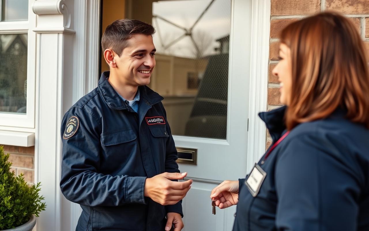 Professional locksmith discussing completed work with a customer.