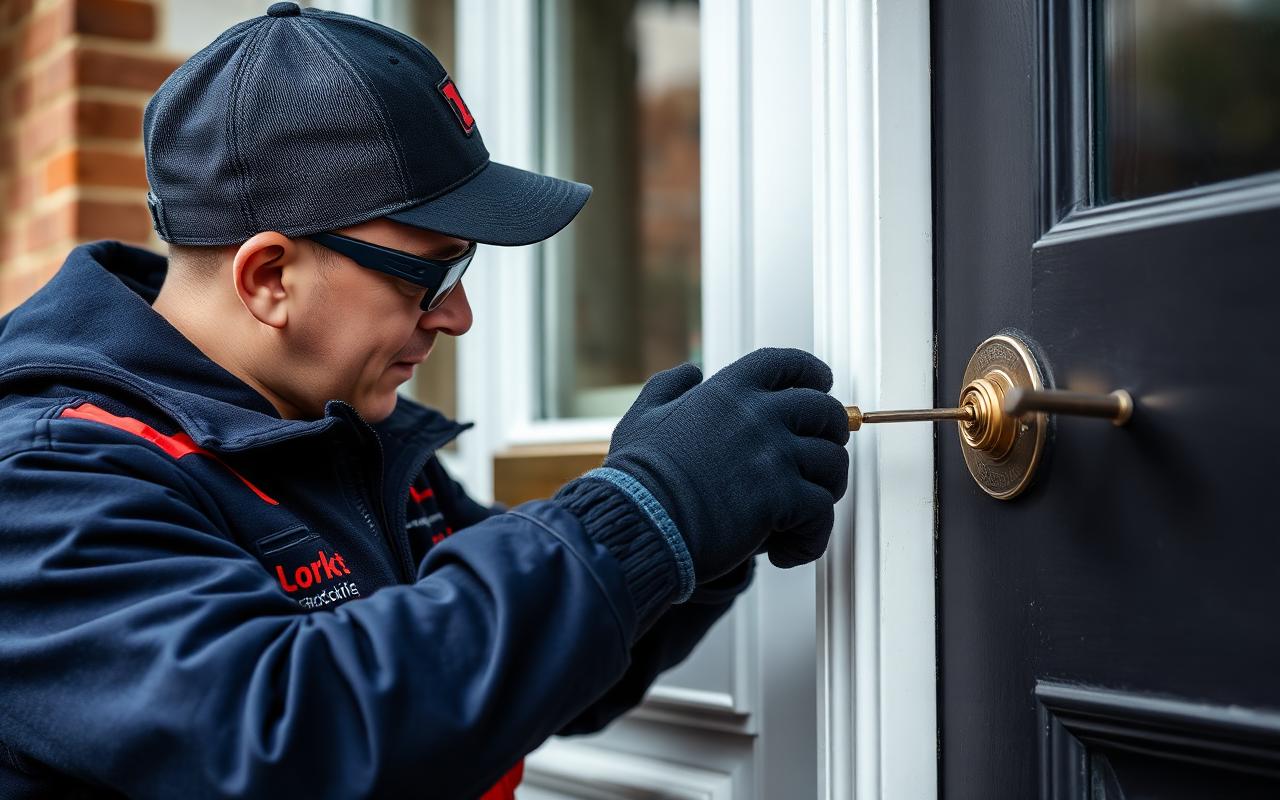 Professional locksmith replacing a residential door lock.
