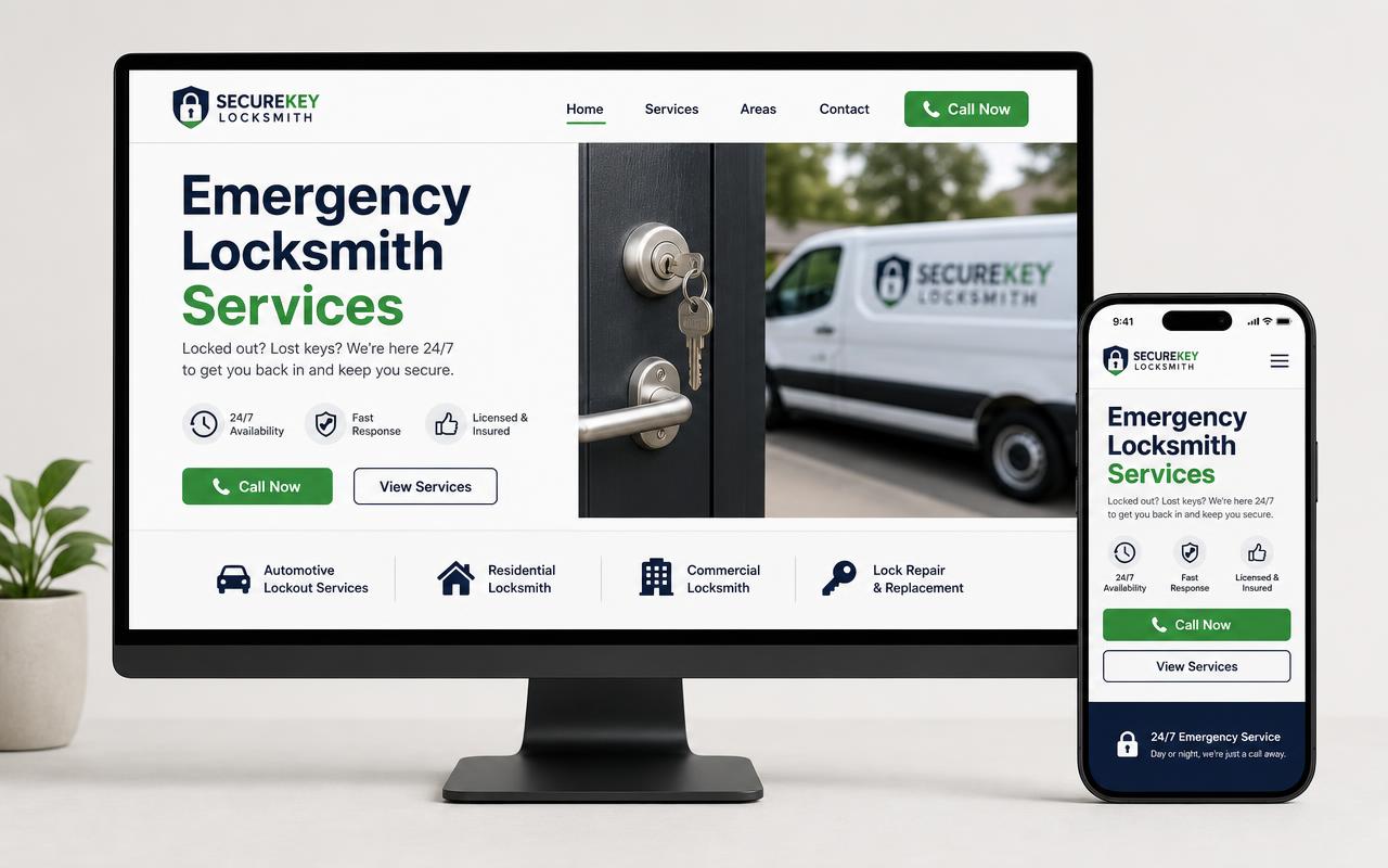 Professional locksmith website homepage on desktop and mobile devices.